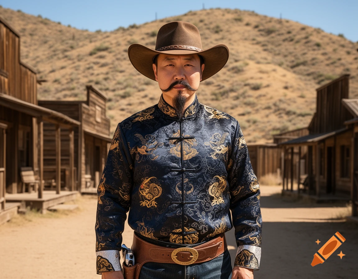 A man in a cowboy hat and a dark blue and gold Chinese jacket with a fu manchu mustache stands in a dusty Wild West town.