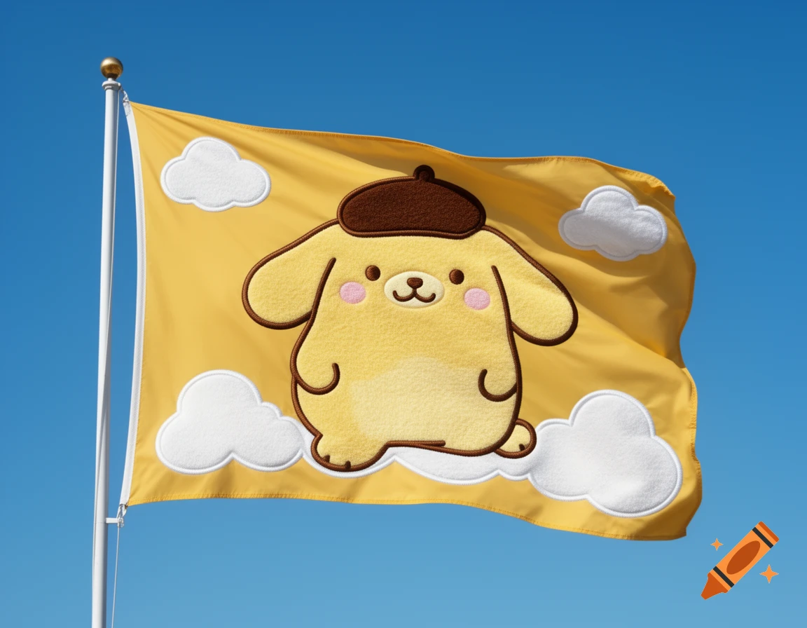 A yellow flag featuring a large illustration of the Sanrio character Pompompurin, waving against a clear blue sky.