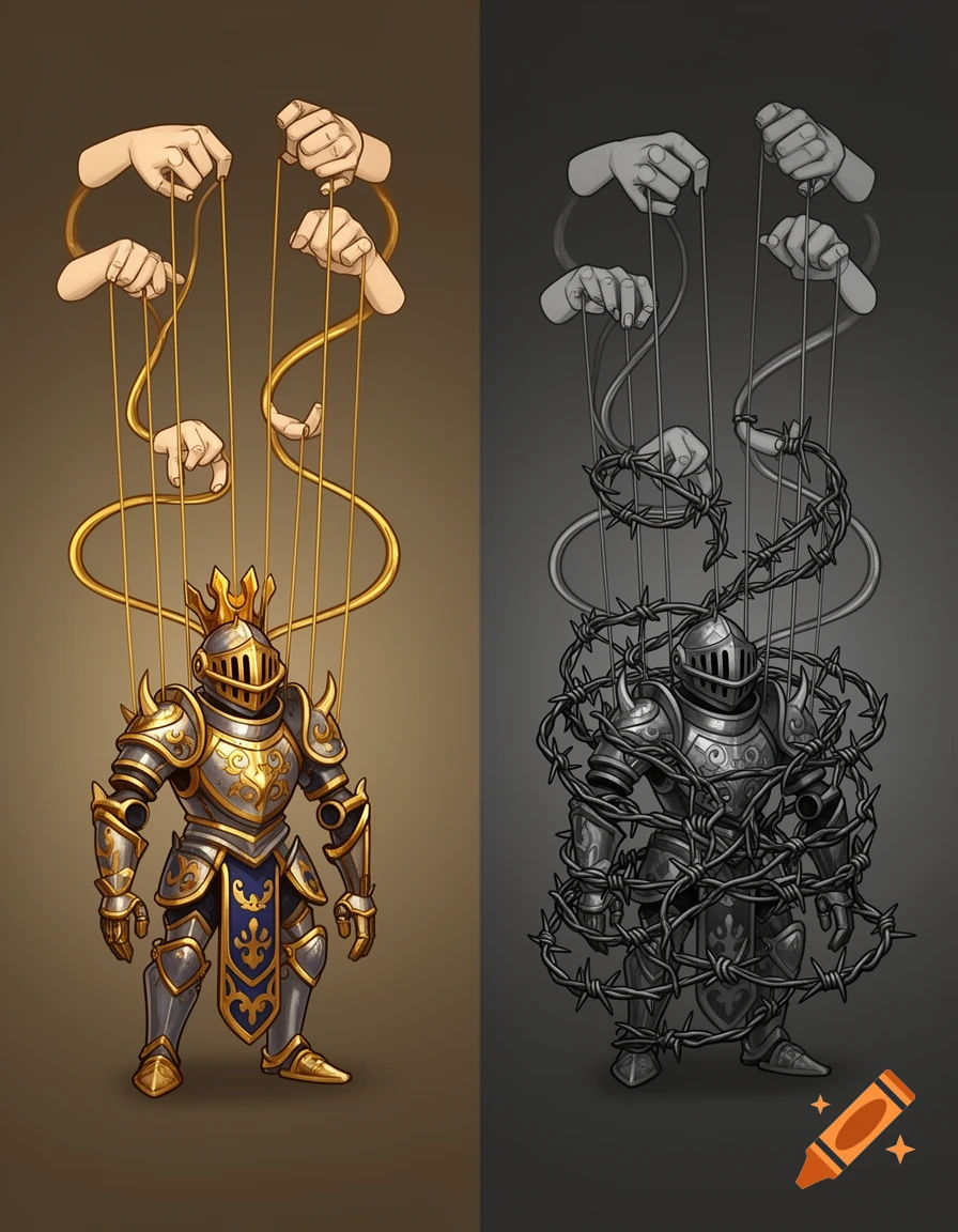 A stylized split image shows a golden marionette knight on the left, controlled by floating hands, and a barbed wire-entangled knight on the right.