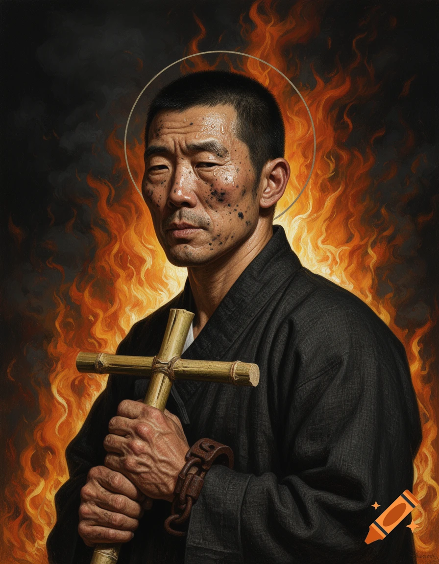 A gritty portrait of a Korean man with soot and sweat, holding a bamboo cross and wearing shackles, against a fiery backdrop with a halo.