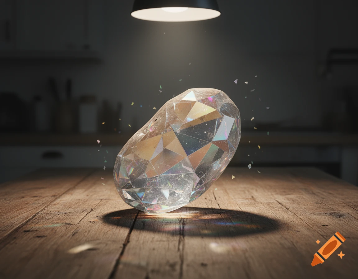 A large, glowing, faceted crystal shaped like a potato floats above a dark wooden table, illuminated by an overhead lamp.