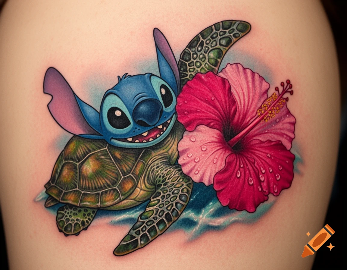 A colorful tattoo featuring Stitch, a sea turtle, and a vibrant pink hibiscus flower on skin, with blue water effects.