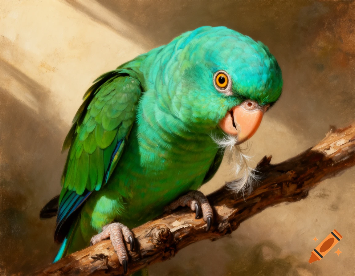 Oil painting of a vibrant green Quaker parrot perched on a branch, holding a white feather in its beak.
