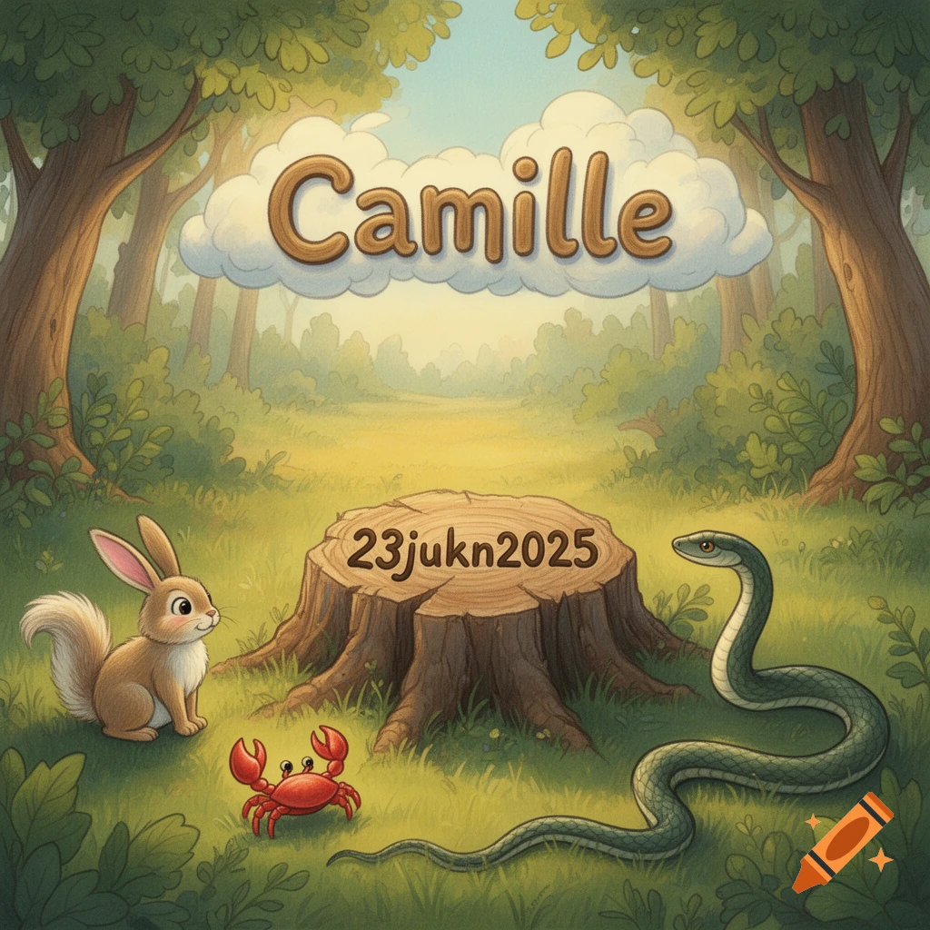 Children's book drawing of a forest clearing with a rabbit, crab, and snake around a stump. 'Camille' is in the clouds, '23jukn2025' on the stump.