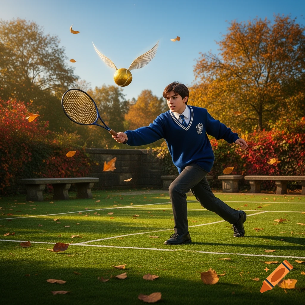 A boy in a blue school uniform plays tennis with a golden snitch on an outdoor court surrounded by autumn trees.
