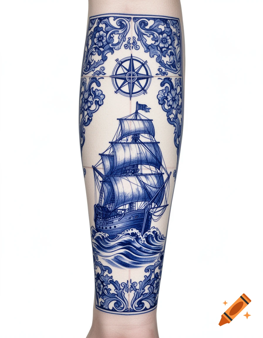 A blue and white Portuguese Azulejo style tattoo on a forearm, featuring a sailing ship on waves, a compass rose, and ornate floral borders.