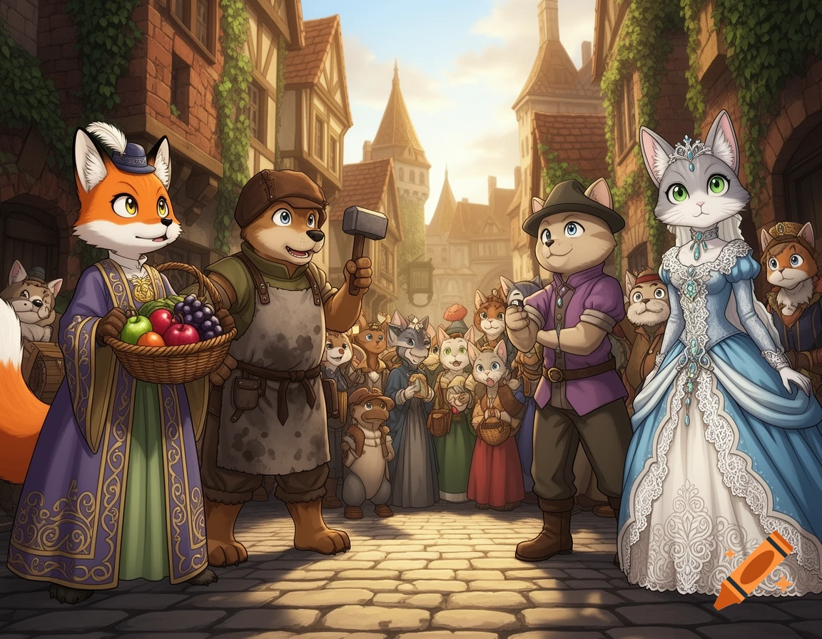 Anime-style anthropomorphic villagers, including a fox and cat, stand on a medieval street, looking at the viewer.