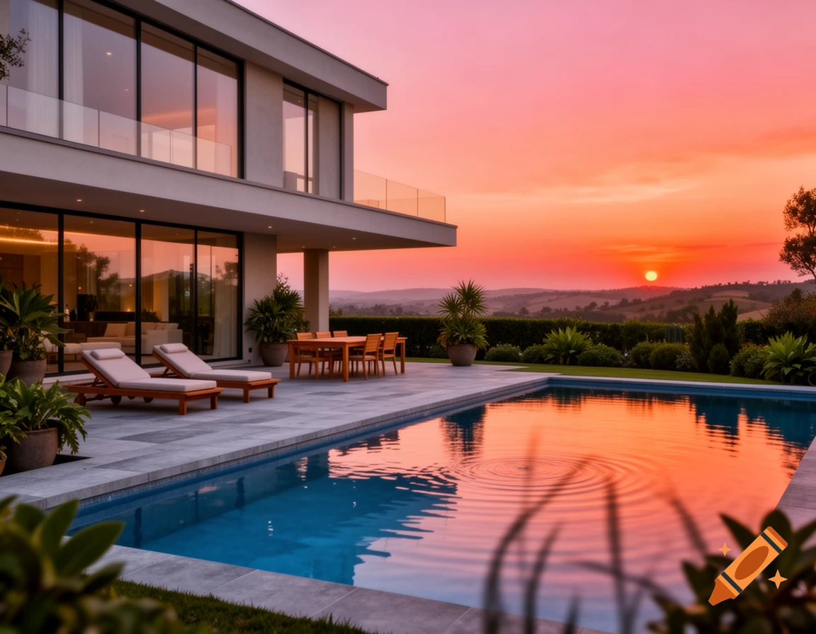 Modern house with a pool and terrace at sunset, reflecting vibrant orange and pink skies over rolling hills.
