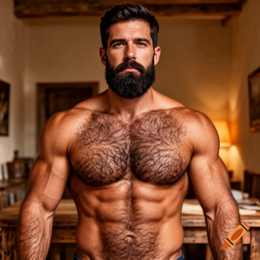 Photorealistic portrait of a shirtless, muscular, very hairy man with a trimmed beard.