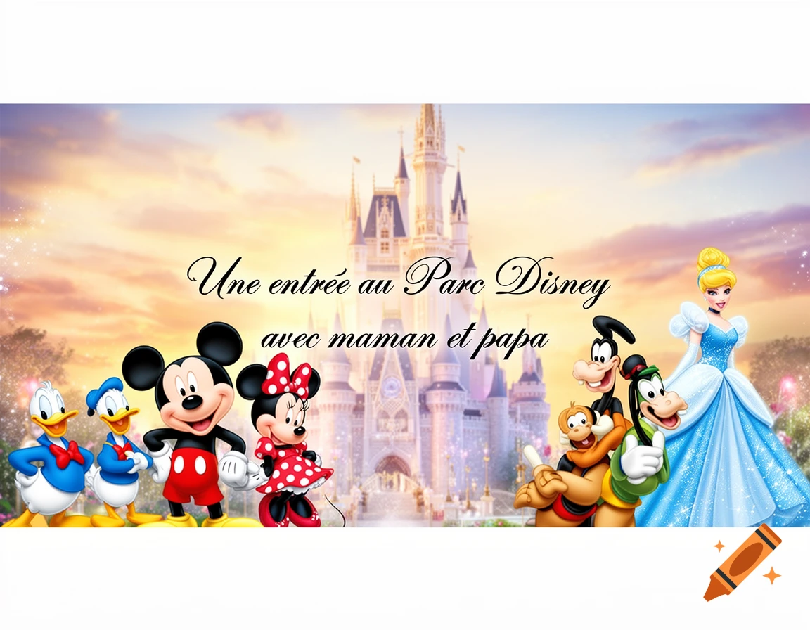 Mickey, Minnie, Donald, Daisy, Goofy, Pluto, and Cinderella pose in front of a Disney castle, with text 'Une entrée au Parc Disney avec maman et papa'.