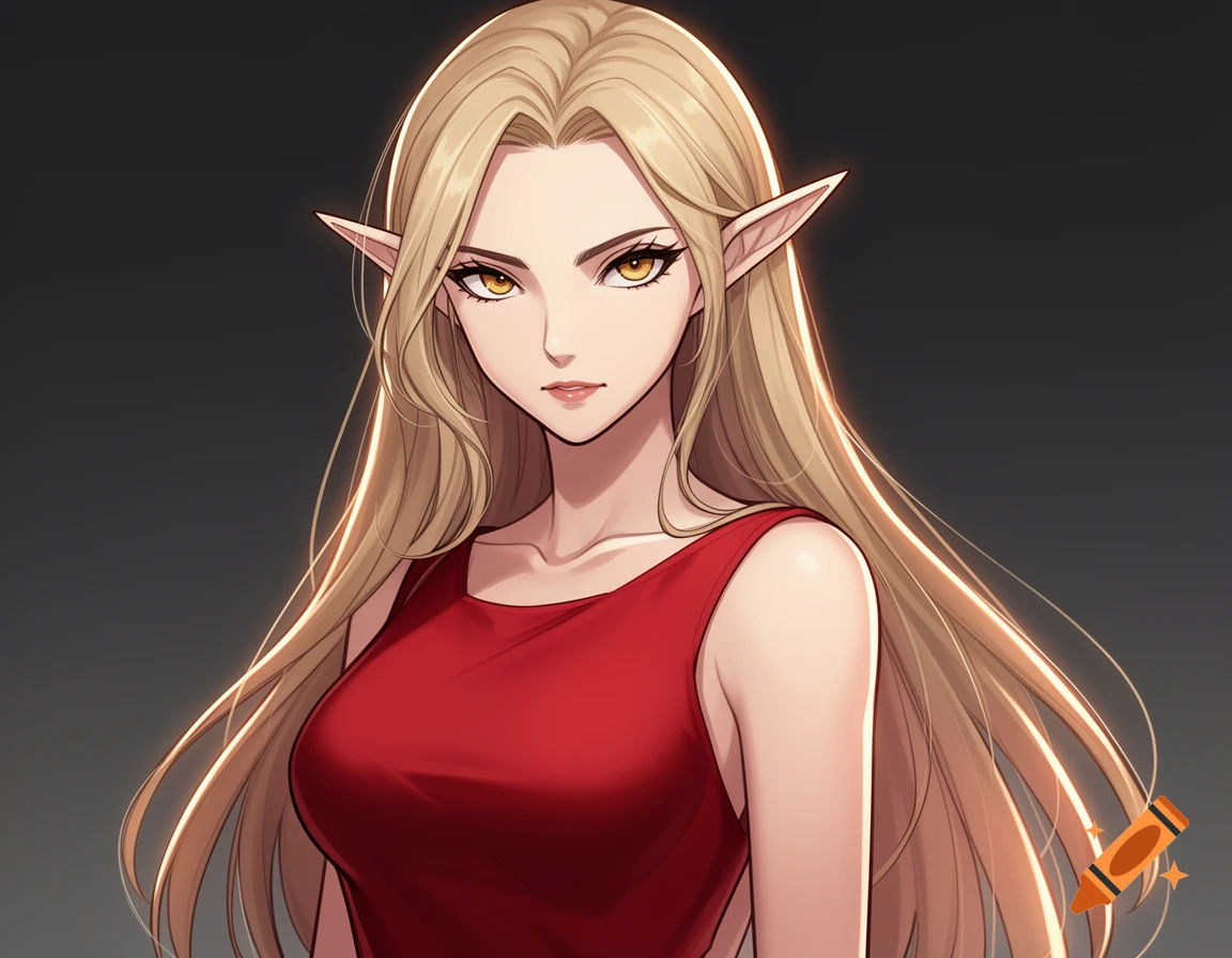 Anime-style portrait of a blonde elf woman with pointy ears and golden eyes, wearing a red dress.