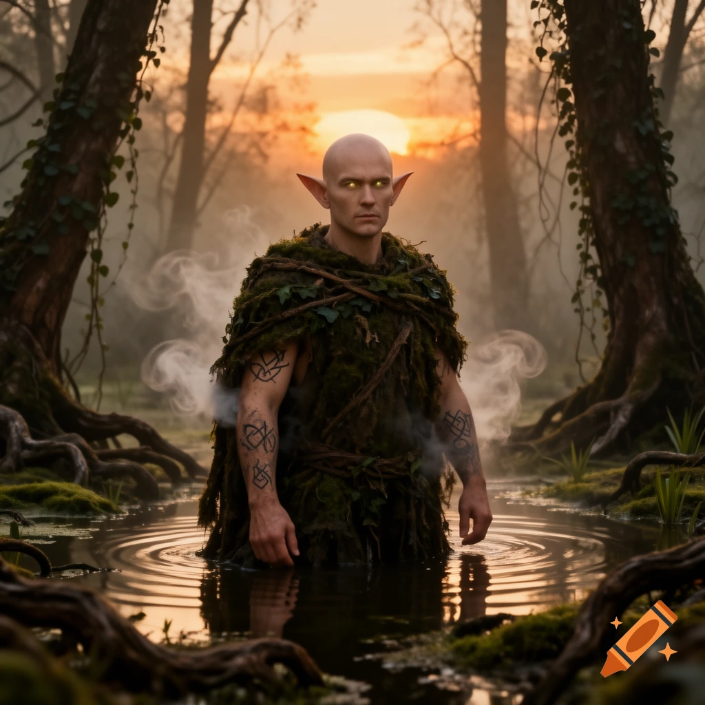 A bald half-elf druid with glowing eyes and arm tattoos stands in a misty swamp at sunset, wearing a mossy cloak.