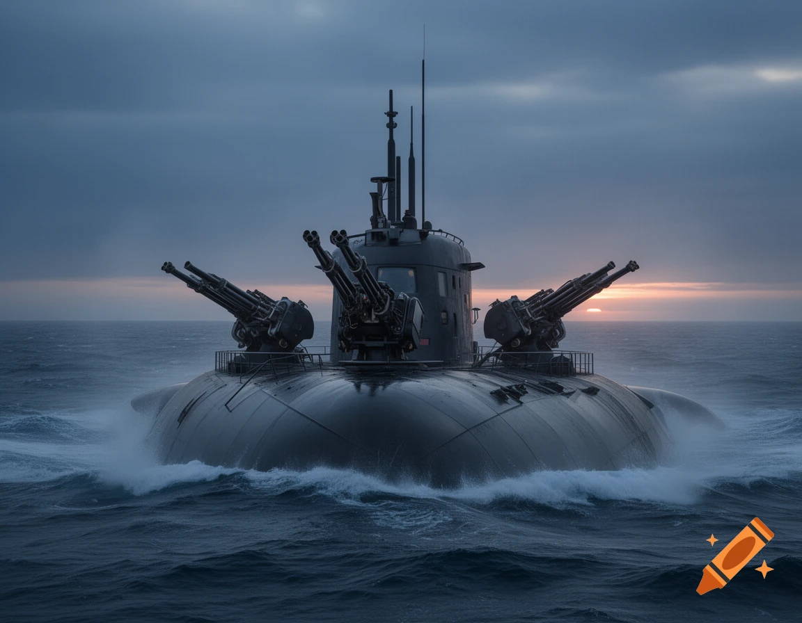 Dark grey submarine with multiple gatling turrets on its deck, moving through choppy ocean waves at sunset.