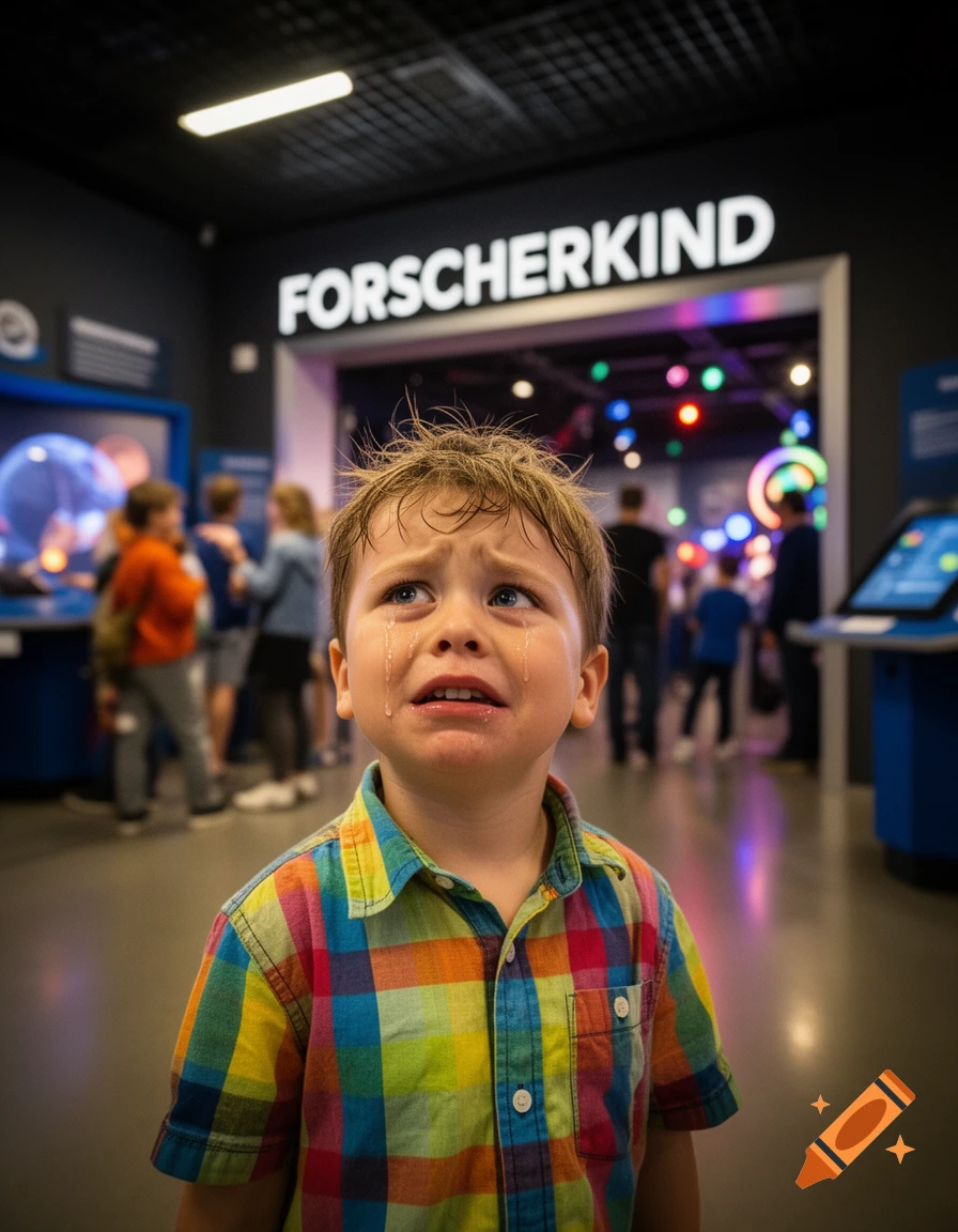 A crying child in a colorful plaid shirt looks up in a science museum with a "FORSCHERKIND" sign in the background.