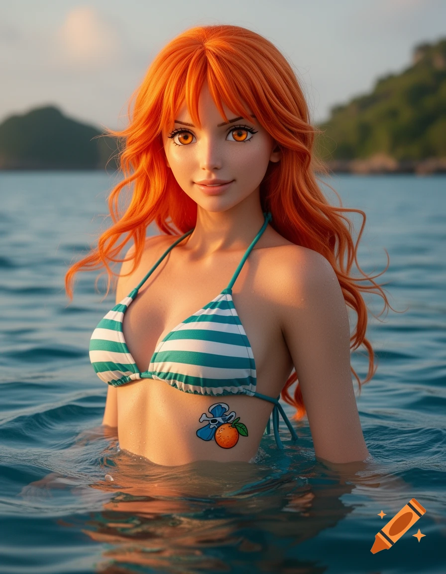 A beautiful anime-style woman with long orange hair and large orange eyes, wearing a striped bikini, stands in blue ocean water.