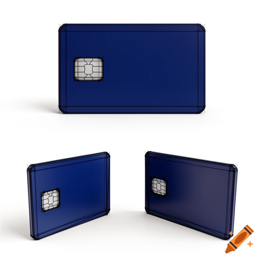 Three blue credit card 3D models with EMV chips, rendered in a SketchUp-like style with black outlines against a white background.