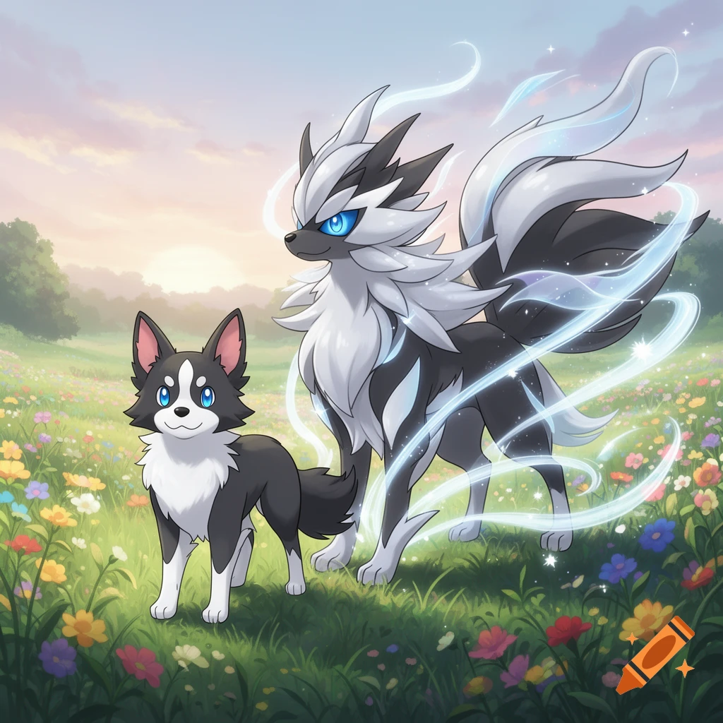 Two black and white Pokemon-like creatures, one larger with blue energy, stand in a field of colorful wildflowers at sunset in anime style.