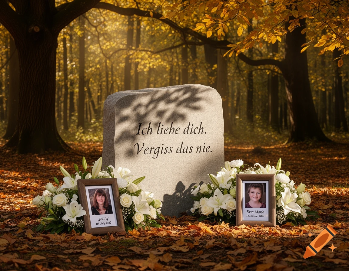 A photorealistic image of a gravestone in an autumn forest, surrounded by white flowers and two framed photos.