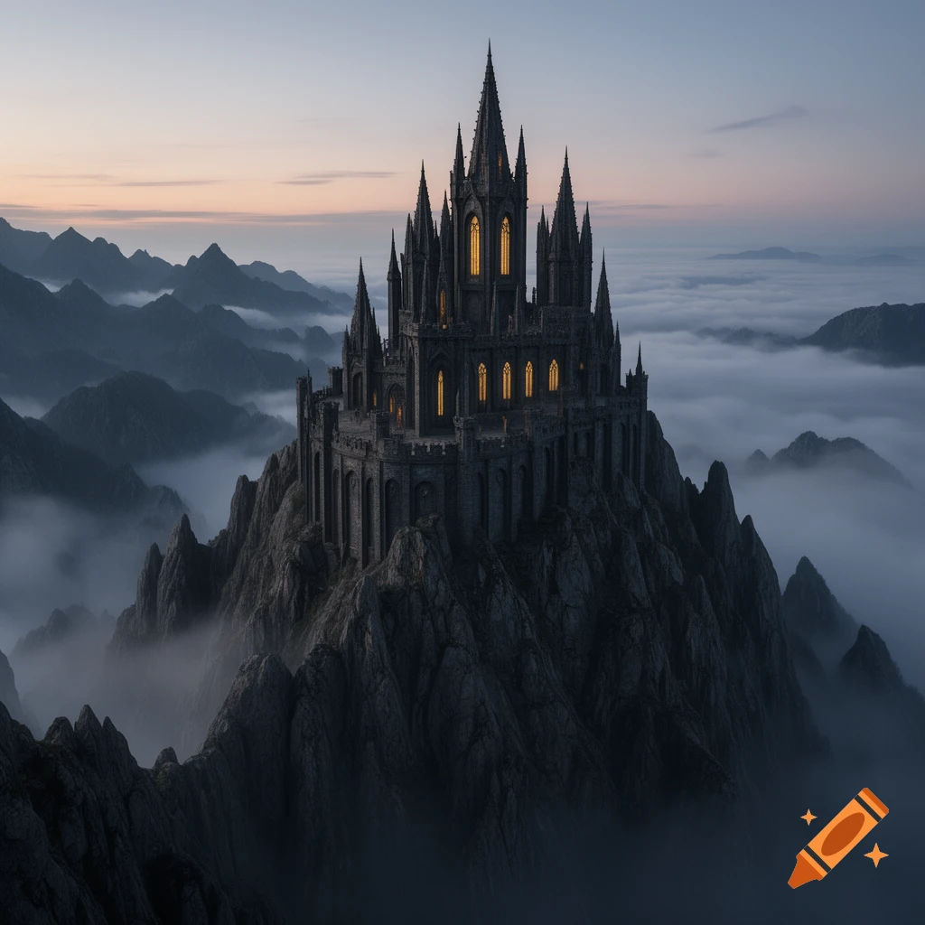 A dark, gothic castle with glowing windows atop a jagged mountain peak, shrouded in mist and surrounded by distant mountains under a twilight sky.