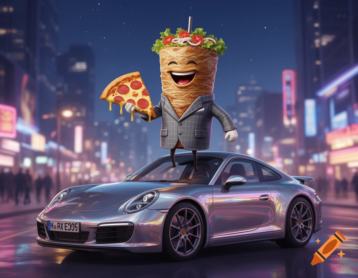 A laughing anthropomorphic döner kebab in a suit holds a pizza slice while standing on a silver Porsche in a neon-lit city.