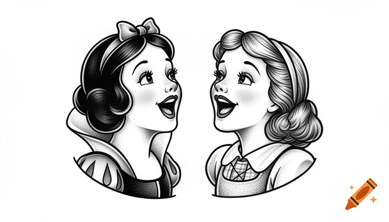 Black and grey ink tattoo art of Snow White and Dorothy Gale singing, depicted in 1930s animation style.