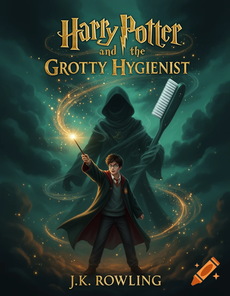Illustrated book cover for 'Harry Potter and the Grotty Hygienist' by J.K. Rowling, showing Harry Potter with a wand.