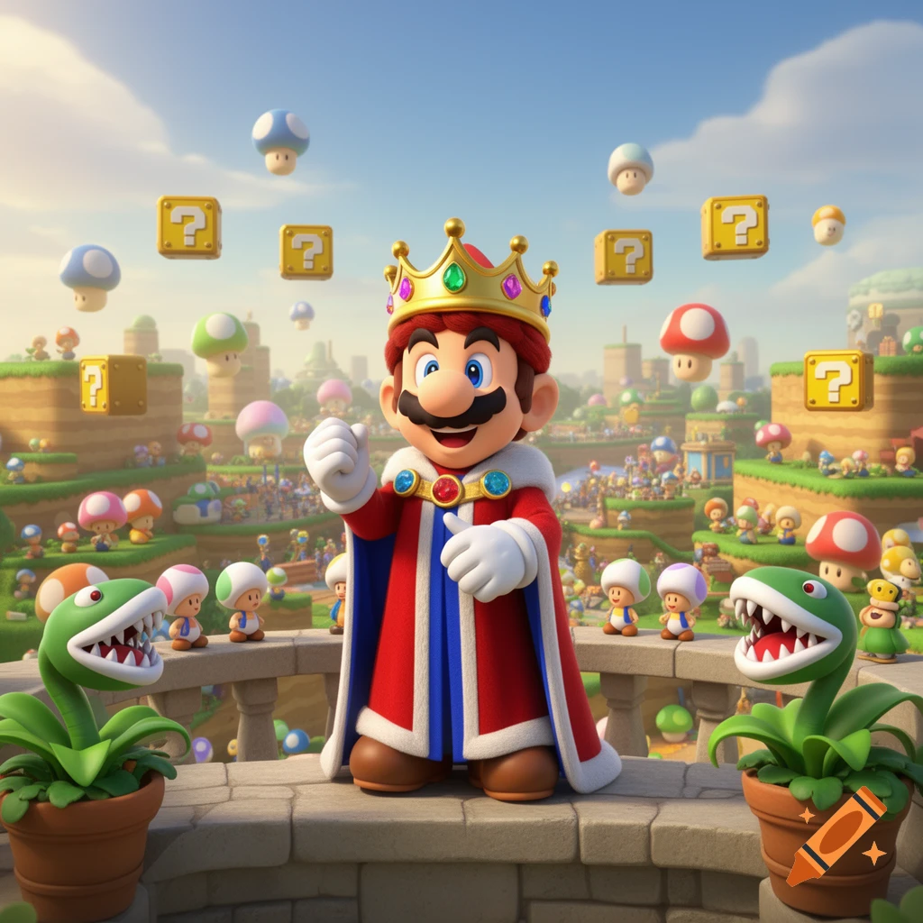 King Mario gives a thumbs-up in a vibrant Super Mario landscape filled with Toads, Piranha Plants, and floating question blocks.