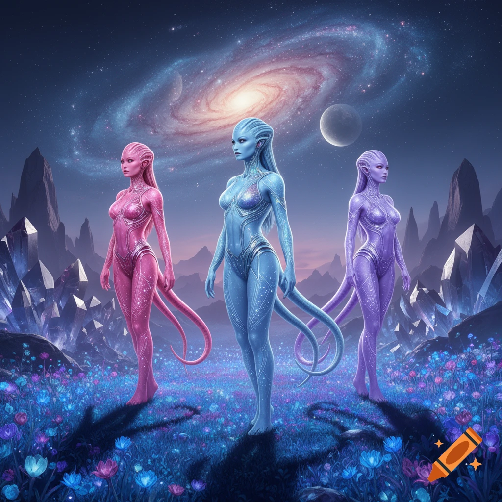 Three alien women with pink, blue, and purple skin and tails stand in a field of glowing flowers under a starry galaxy sky.