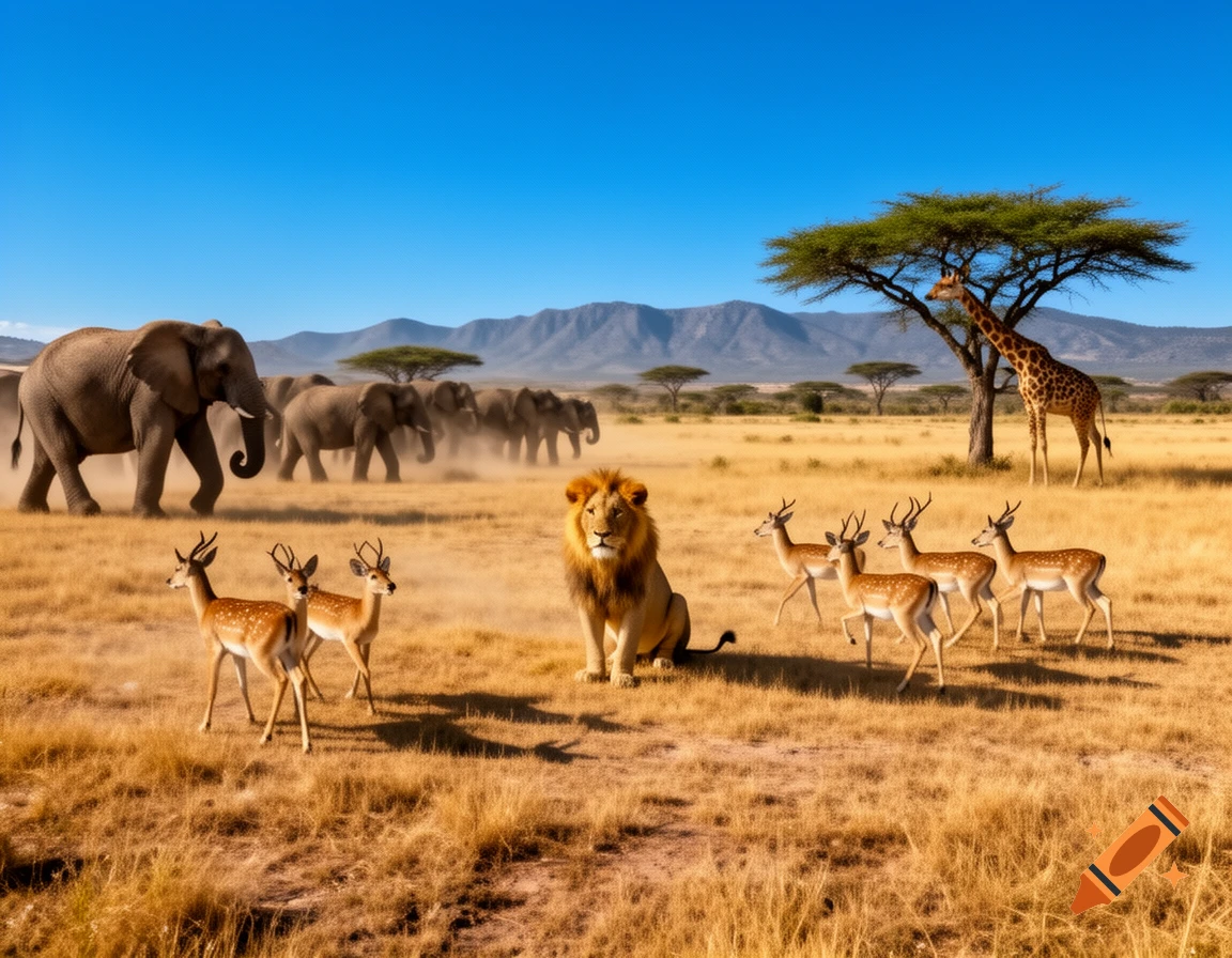 Photorealistic image of diverse safari animals including elephants, a lion, deer, and a giraffe on a dry grassy plain.