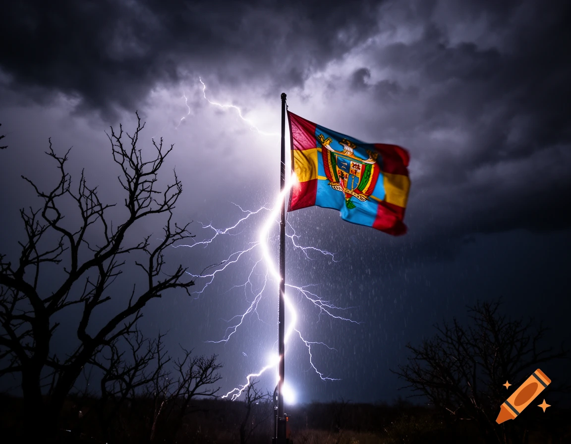 A photorealistic image of a flag on a pole being struck by lightning during a dark, stormy night with bare trees.