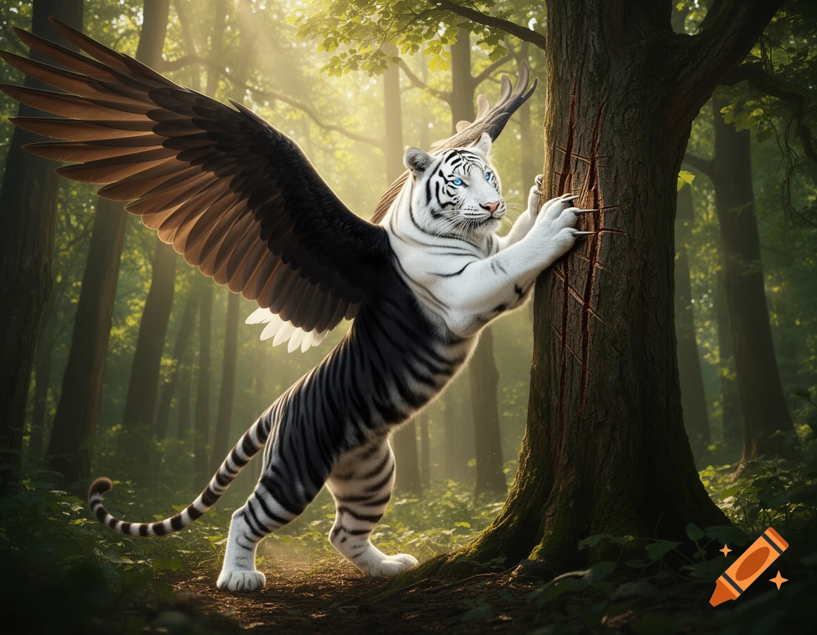 A majestic white tiger with black stripes and large eagle-like wings sharpens its claws on a tree in a sunlit forest, stretching upward.