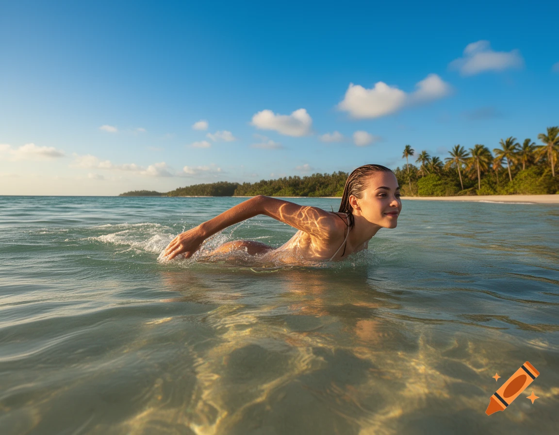 A young woman swims gracefully in clear tropical ocean water with a beach and palm trees in the background.