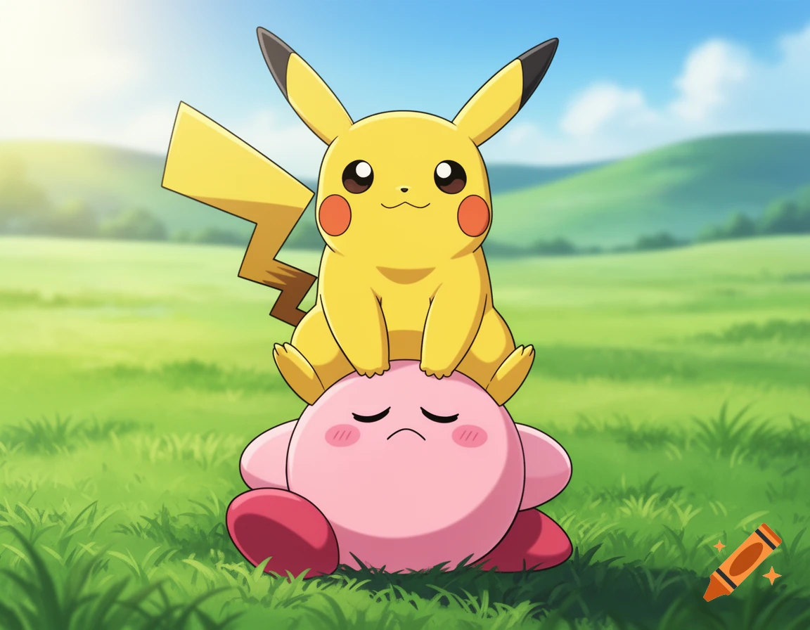 Pikachu sits atop a sad Kirby in a vibrant green field under a clear blue sky, in an anime style.