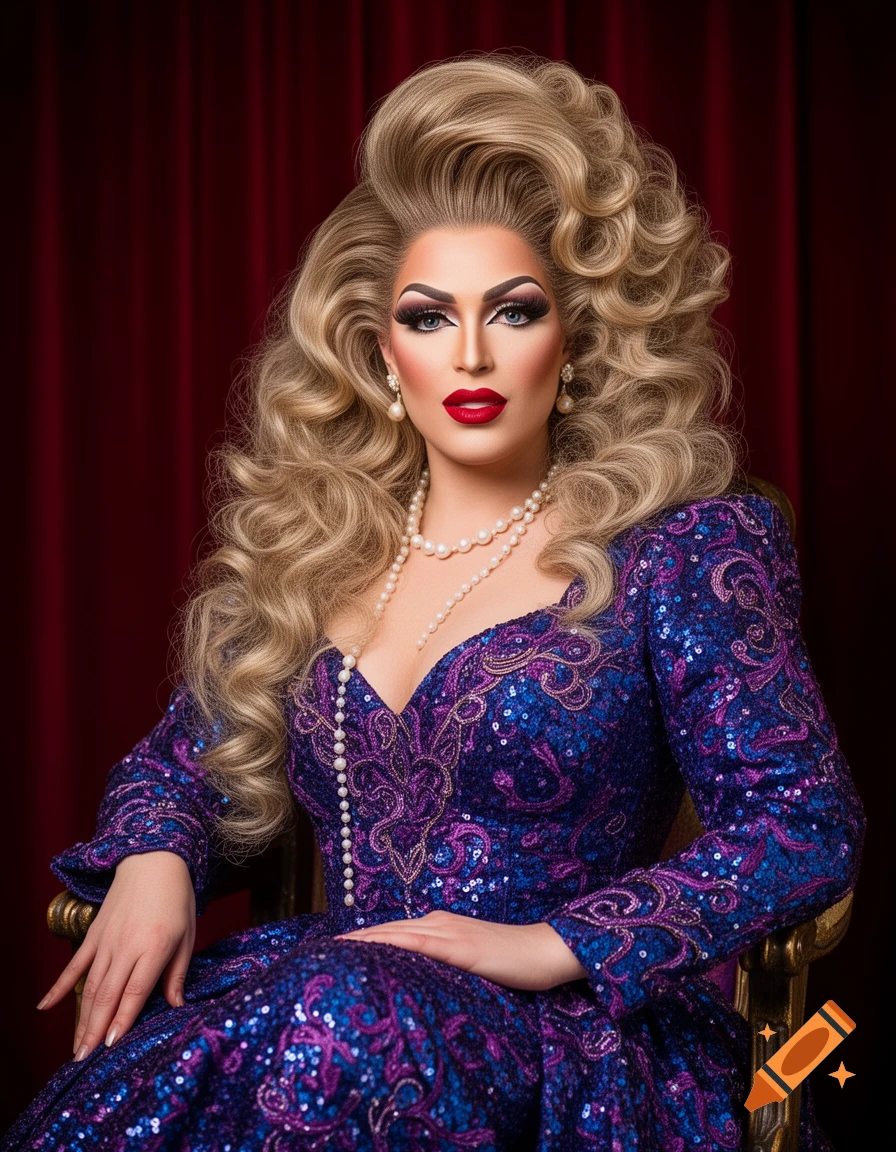 A drag queen with elaborate blonde hair and striking makeup, wearing a sparkly purple and blue dress and pearl necklaces, sits on a chair against a red curtain.