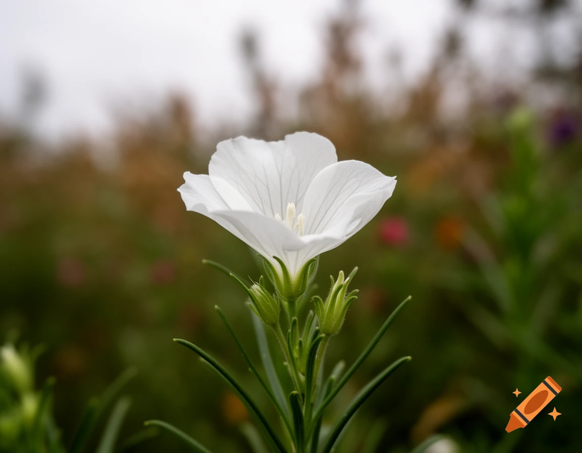 A close-up, photorealistic shot of a single white flower with green buds and stems, set against a blurred background of greenery.
