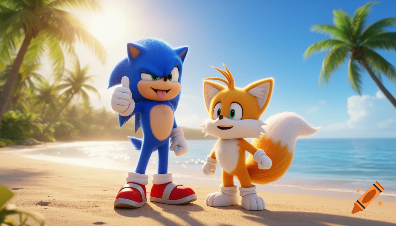3D animated Sonic the Hedgehog giving a thumbs up and sticking out his tongue next to Tails on a sunny beach.