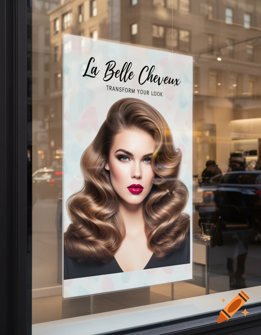 A photorealistic poster advertising a hair salon, featuring a woman with elegant, wavy brown hair and red lipstick, displayed in a city shop window.