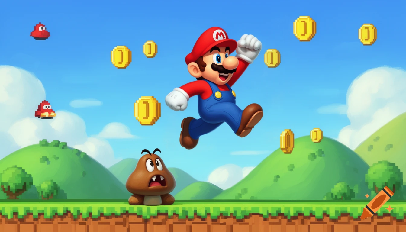 Mario jumps over a Goomba, collecting coins in a bright, colorful Super Mario-themed landscape with pixelated elements.