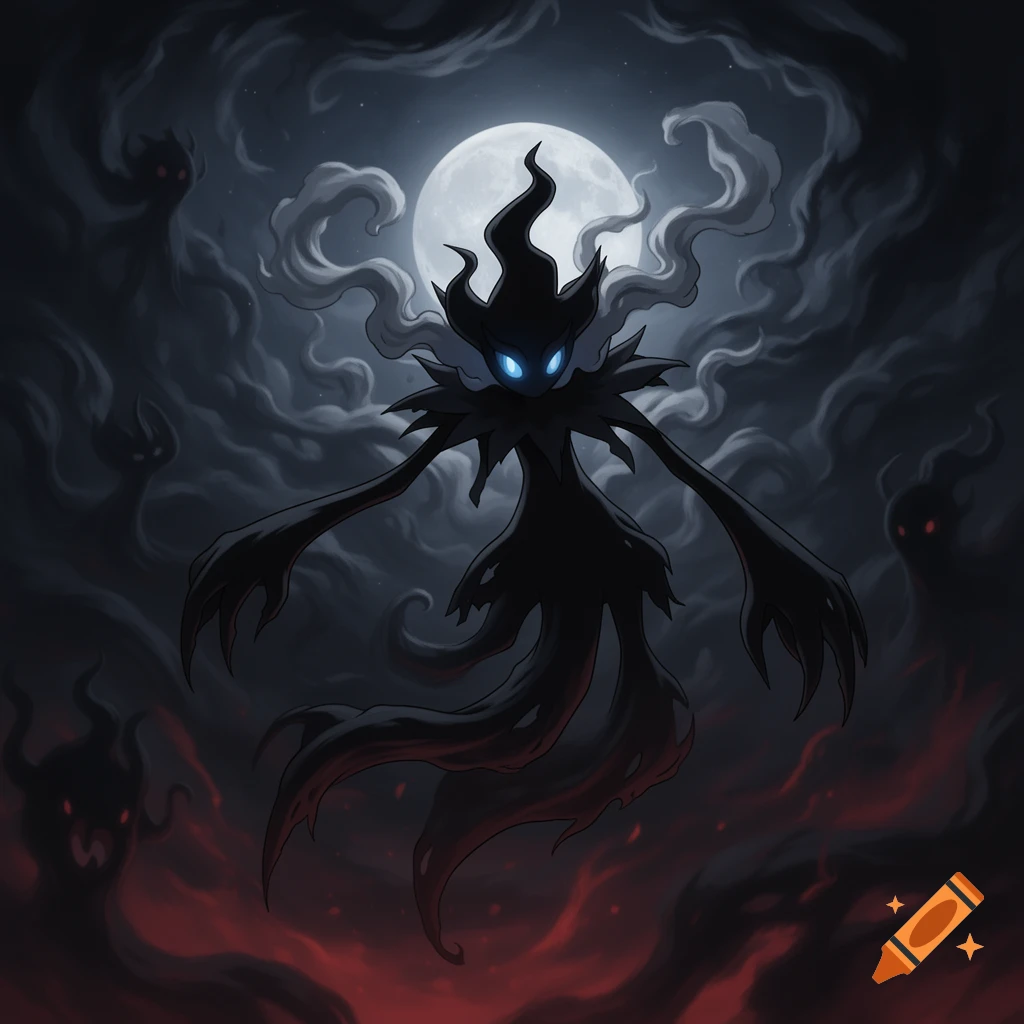 Darkrai, a dark shadowy Pokemon with glowing blue eyes, floats under a full moon amidst dark clouds and smaller red-eyed figures.