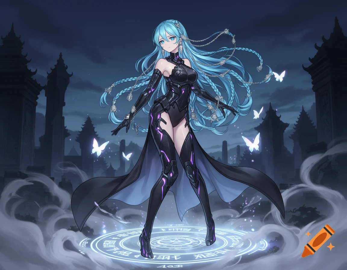Anime character with long blue braided hair, blue eyes, and a black and purple outfit, standing on a glowing magical circle with butterflies in a dark fantasy setting.