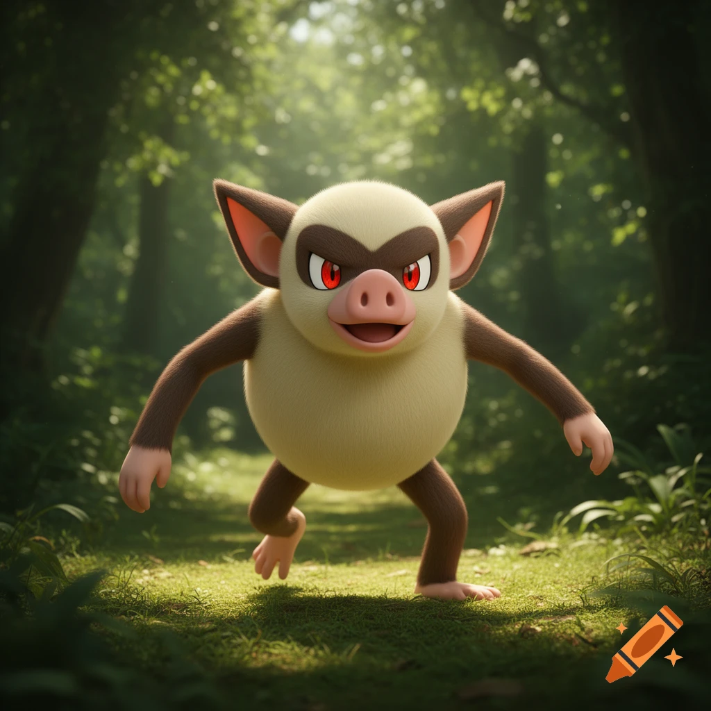 A 3D rendered Mankey, a pig-like monkey Pokémon, with light fur, brown limbs, and an angry expression, runs through a lush green forest.