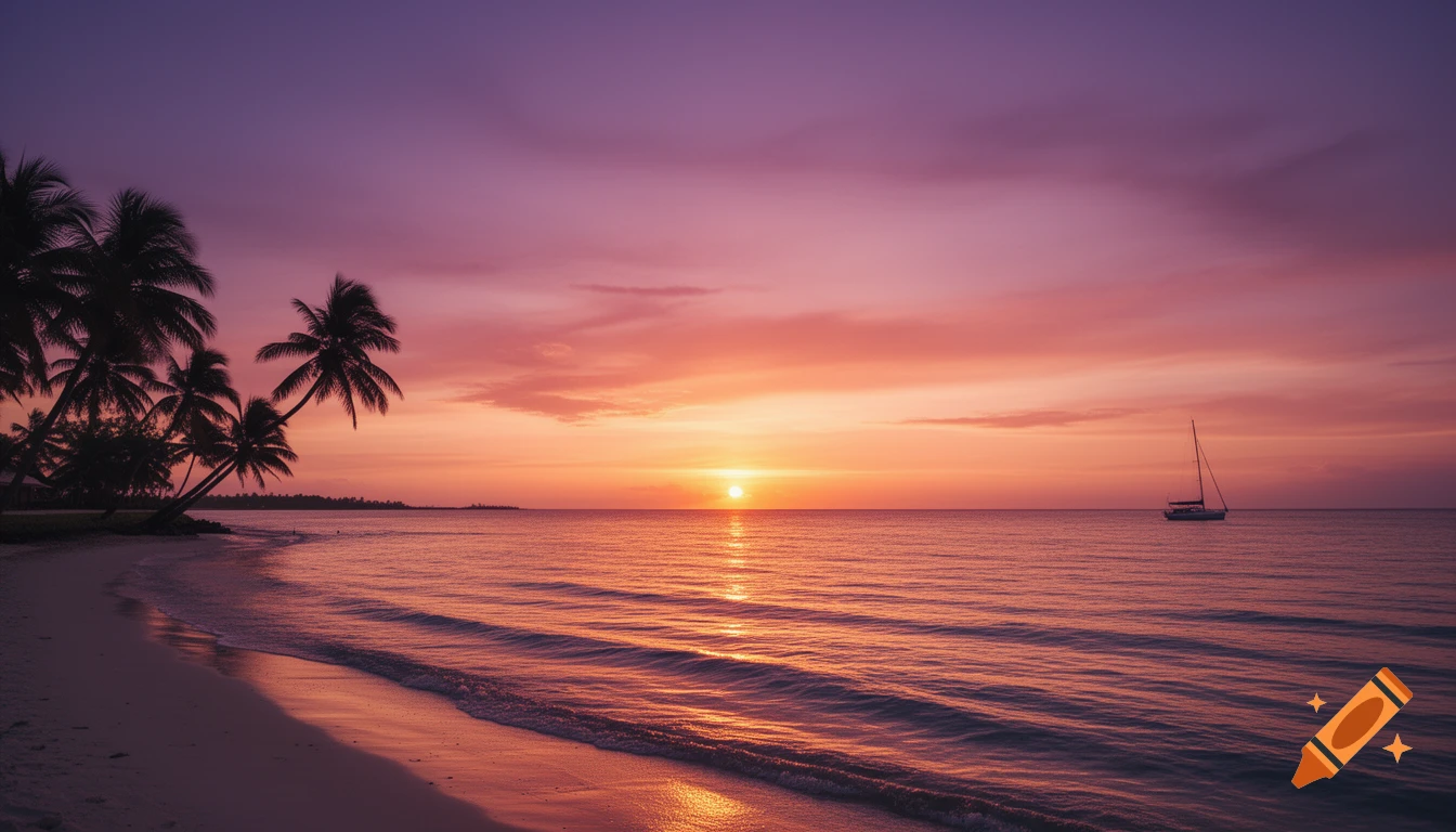 A vibrant sunset over a tropical beach with silhouetted palm trees and a sailboat on the calm ocean.