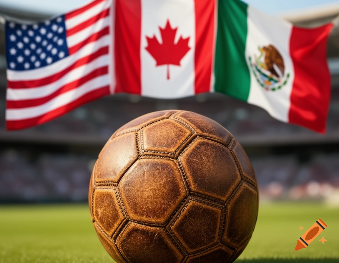 A close-up of a vintage brown leather soccer ball on green grass, with blurred American, Canadian, and Mexican flags waving in the background.