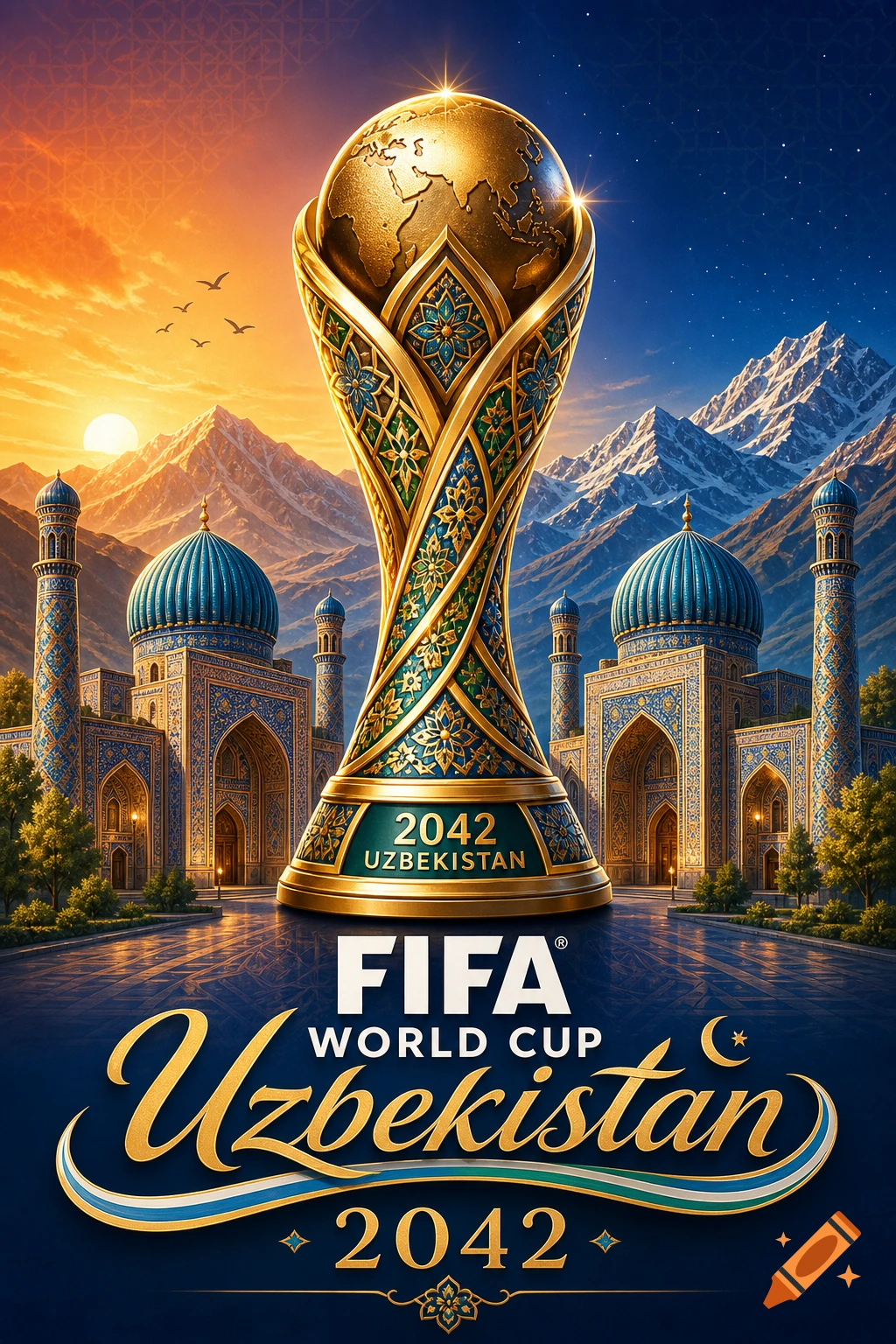 Golden FIFA World Cup trophy with a globe, ornate Uzbek mosques, and snowy mountains under a sunset, with text "FIFA World Cup Uzbekistan 2042".