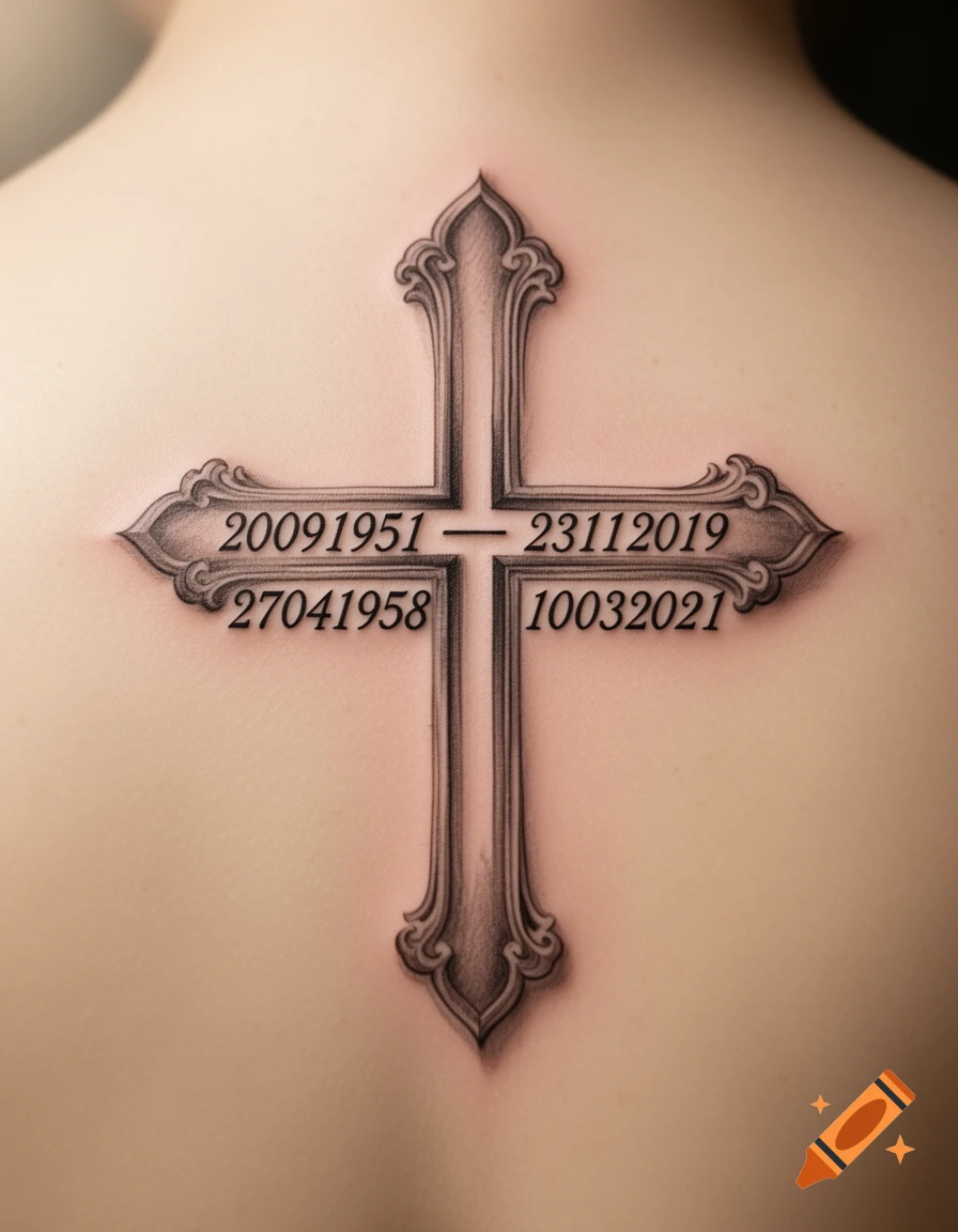 A detailed, ornate cross tattoo with engraved numbers '20091951-23112019' and '27041958-10032021' on a person's upper back.