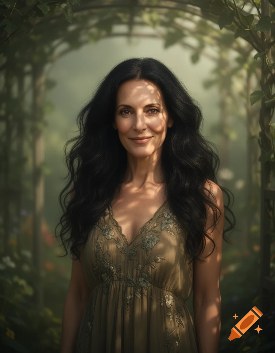 A smiling woman with long dark wavy hair in an embroidered dress stands in a misty, overgrown garden archway with dappled sunlight, photorealistic.