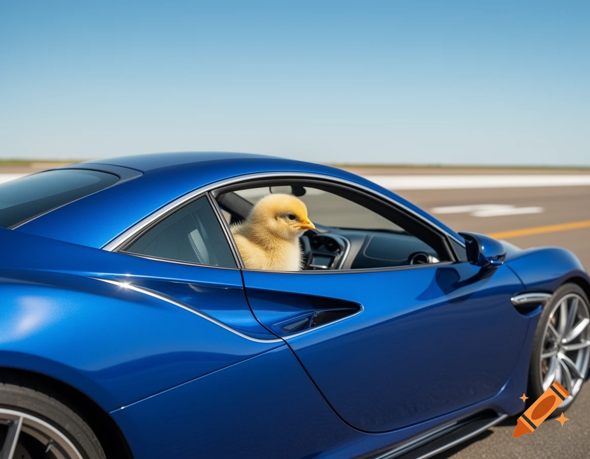 A yellow chick with an orange beak drives a shiny blue sports car on a paved road.