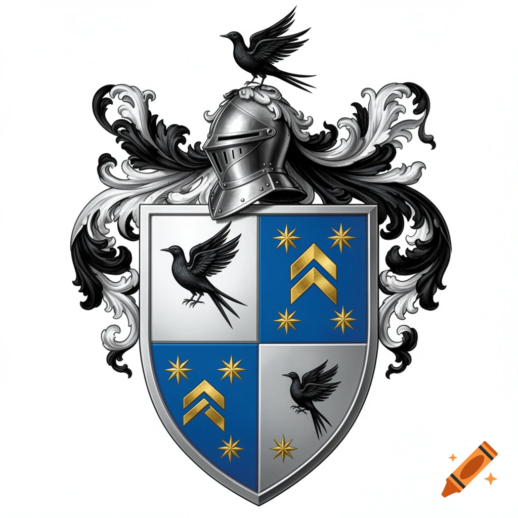 Detailed coat of arms with a silver helmet topped by a black merlette, and a quartered shield featuring black merlettes, gold chevrons, and gold stars.