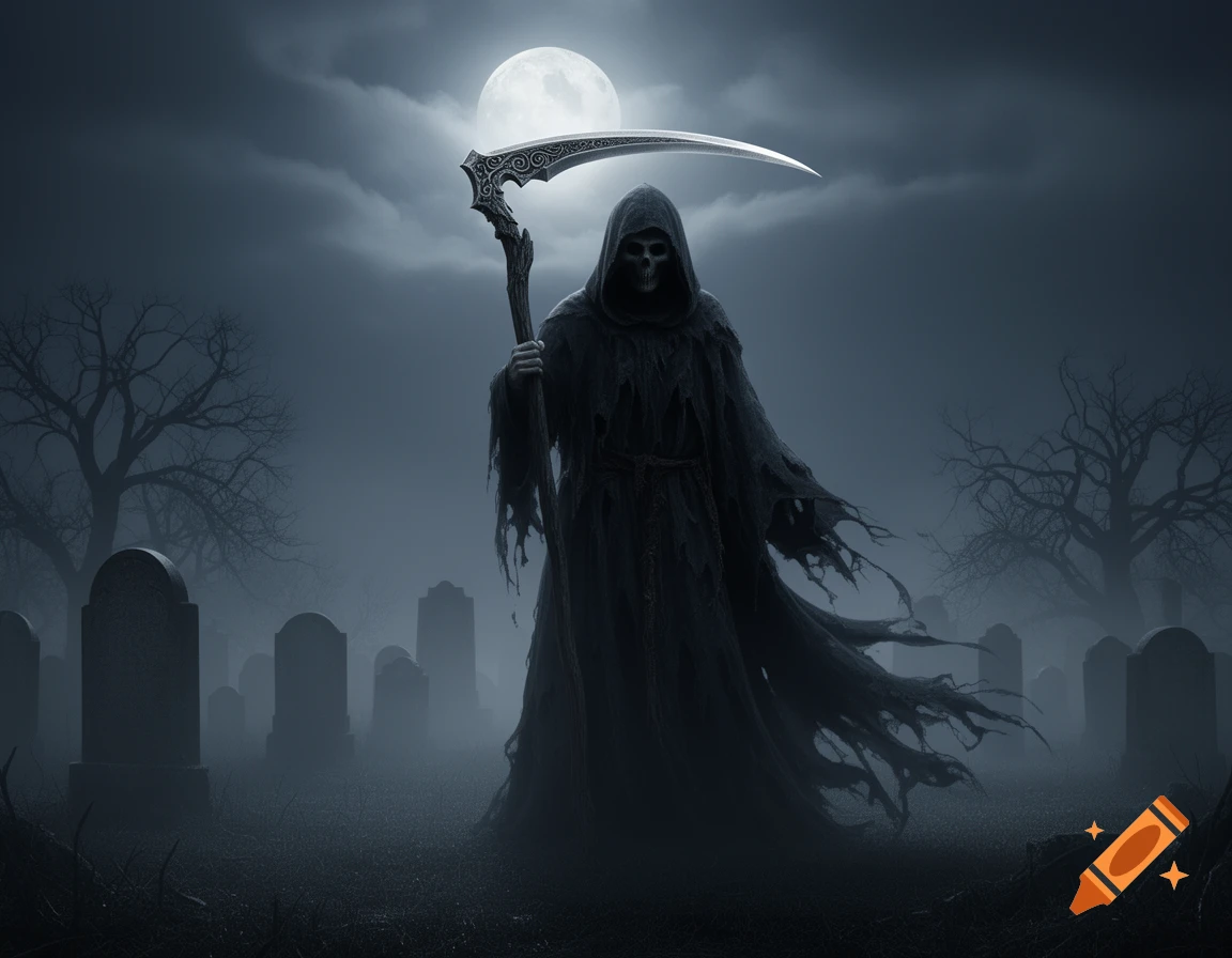 A dark, hooded Grim Reaper with a skull face stands in a misty graveyard under a full moon, holding a large scythe.