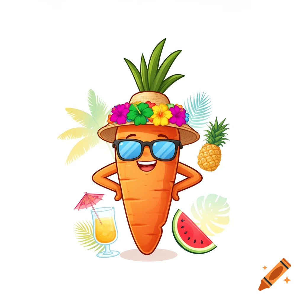 A cartoon carrot wearing a straw hat with flowers and sunglasses, standing with arms akimbo, surrounded by tropical fruits and a cocktail.